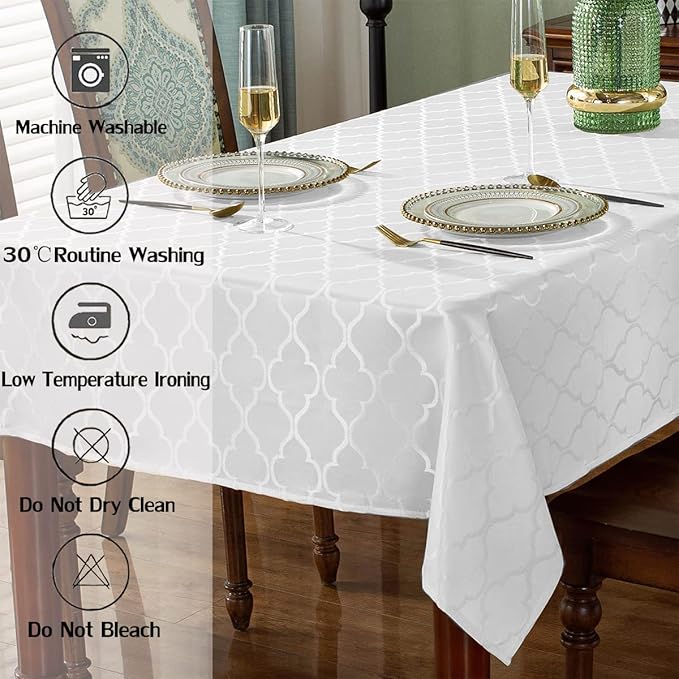 SASTYBALE Jacquard Tablecloth Damask Pattern Table Cloth Spillproof Wrinkle Resistant Oil Proof Polyester Table Cover for Indoor and Outdoor Use (Rectangle/Oblong, 60" x 84" (6-8 Seats), White)