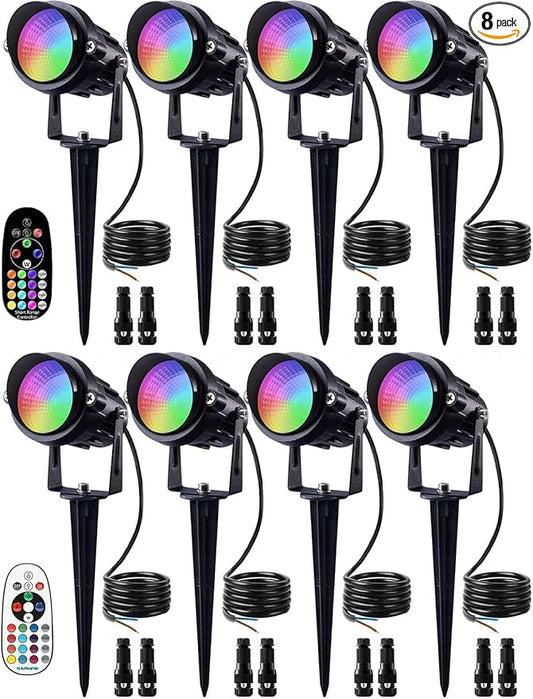 SUNVIE Christmas 12W RGB Color Changing Landscape Lights Low Voltage LED Landscape Lighting Remote Control Spotlight Waterproof Garden Pathway Christmas Decoration Outdoor, 8 Pack with Connector