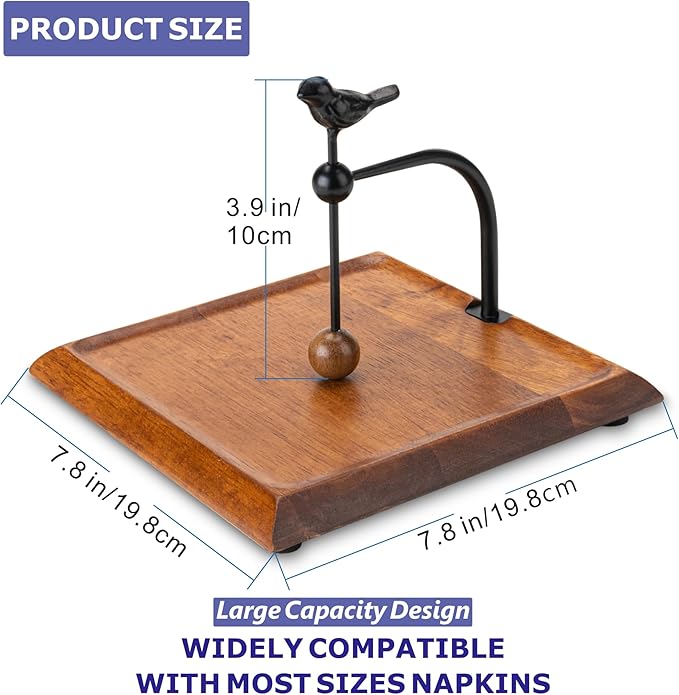Wooden Napkin Holder with Bird-Shaped Handle – Elegant Flat Napkin Holder with Weighted Arm for Paper Napkins, Cocktail Napkins – Perfect for Kitchen, Dining Table, Café, and Bar – Ideal Holiday Gift