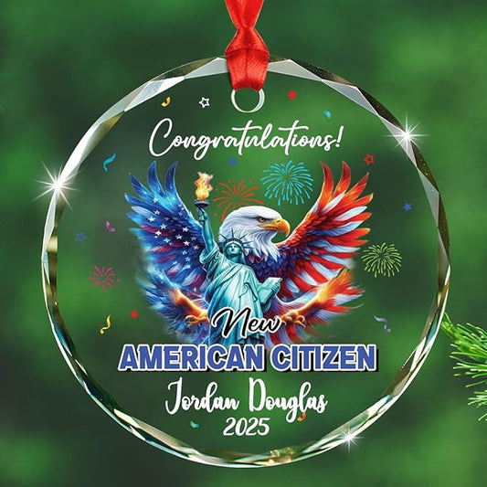 Congratulations New American Citizen Christmas Ornament Gift for Men Women, Customized Year & Name American Citizenship Glass Xmas Ornament 2025, Personalized New Citizens Hanging Xmas Ornaments Gift