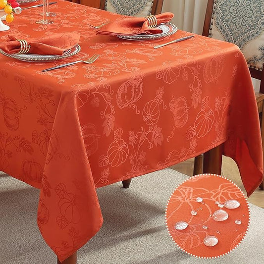 SASTYBALE Thanksgiving Tablecloths for Square Tables, Jacquard Fall Table Cloth with Pumpkins and Vines, Stain Resistant Table Cover for Harvest, Dining, Party Decor (Square, 52" x 52", Rust)