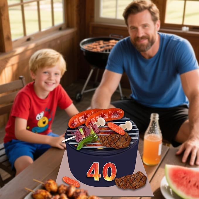 9 PCS BBQ Cake Topper Happy 40 Birthday Barbecue Decorations with Artificial Kebab and Hot Dog for Boys Girls Birthday Party Picnic Camping BBQ Theme Party Supplies