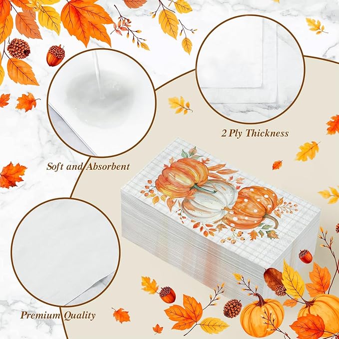 100 Pcs Fall Pumpkin Guest Napkins Thanksgiving Disposable Hand Towels for Bathroom Maple Leaf Orange Pumpkins Decorative Napkins for Autumn Harvest Thanksgiving Party