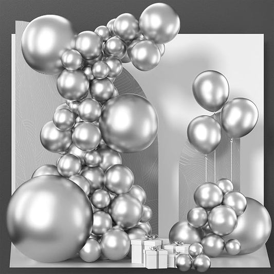 PartyWoo Metallic Silver Balloons 100 pcs Different Sizes Pack of 36 18 12 10 5 Inch Chrome Silver Balloon Arch Kit Garland for Graduation New Year Wedding Birthday Party Decorations Silver-G102