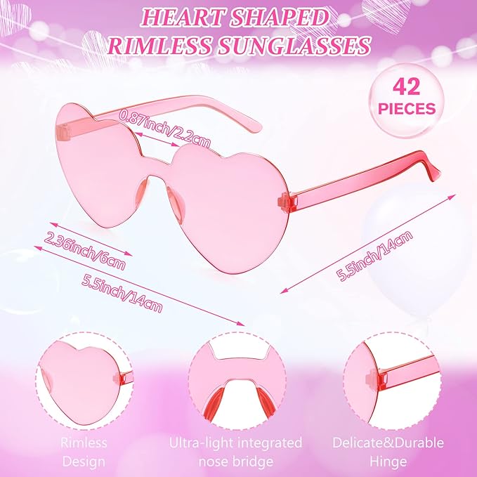 Flutesan 42 Pairs Heart Shaped Sunglasses Bulk for Women Cute Y2k Trendy Rimless Transparent Heart Glasses for Party Favor