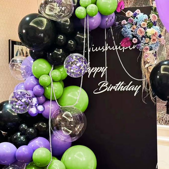 Purple Green Black Balloon Garland Arch Kit, 156 Matte Black Metallic Purple Lime Green Balloons for Wedding Anniversary Hero Birthday Video Game Graduation Racing Car Party Decoration