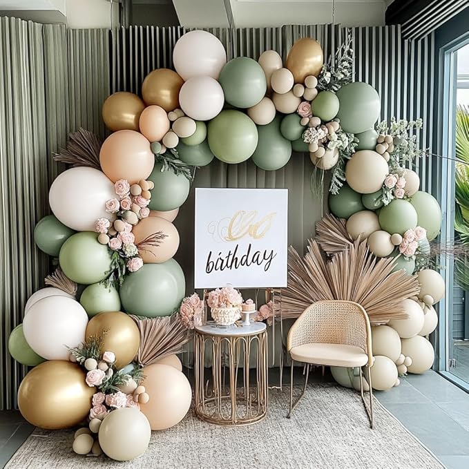 Dusty Green White Gold Balloon Garland Double Stuffed Light Sage Green White Sand Beige Balloon Arch Kit Olive Cream Metallic Balloons for Baby Bridal Shower Birthday Wedding Wild One Party Decor