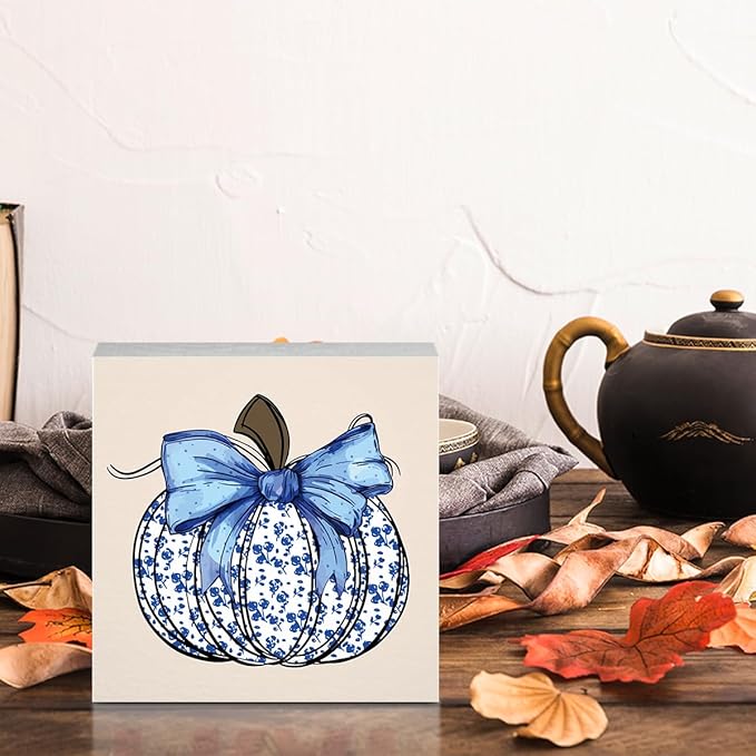 Cute Fall Decor Blue Floral Pumpkin Fall Decorations for Home Office Thanksgiving Autumn Pumpkin Decor Funny Autumn Decorations for Desk Table 5 x 5 inches