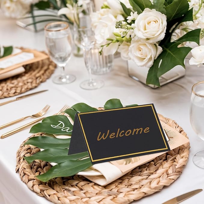50 Pcs Place Cards for Table Setting, 2×3.34inch Table Tent Cards with Gold Foil Border, Food Labels for Party Buffet, Name Seating Cards for Weddings, Banquets, Events, Dinner Parties(Black)