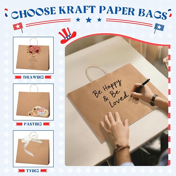 MESHA Gift Paper Bags 200 Pack 16X6X12 Brown Large Shopping Kraft Bags Bulk with Handles Reusable for Business,Grocery,Birthday,Wedding,Kids Party,Favors