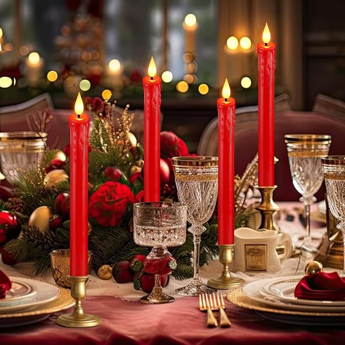 OCATO Flameless Candles with Remote Timer: 8 Pcs Battery Operated Window Candles 9.6" Real Wax LED Flickering Flameless Taper Candles 3D Wick Lights Halloween Christmas Wedding Party Decorations Red