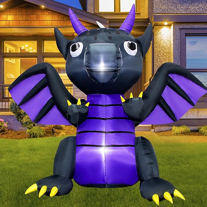 4FT Halloween Pterosaur Blow up Dinosaur Halloween Inflatable Black Purple Dragon Halloween Dragon Inflatable Decoration with LED Lights Outdoor Indoor Holiday Graden Yard Decor