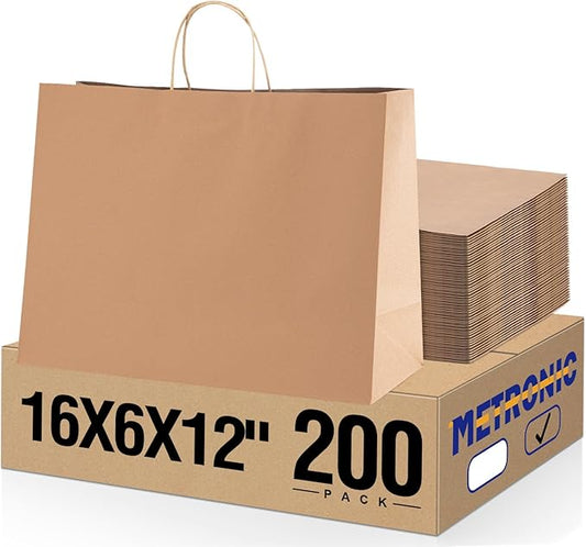METRONIC Paper Gift Bags 16x6x12'' 200Pcs Brown Paper Bag with Handles Bulk for Small Business, Birthday Wedding Party Favor