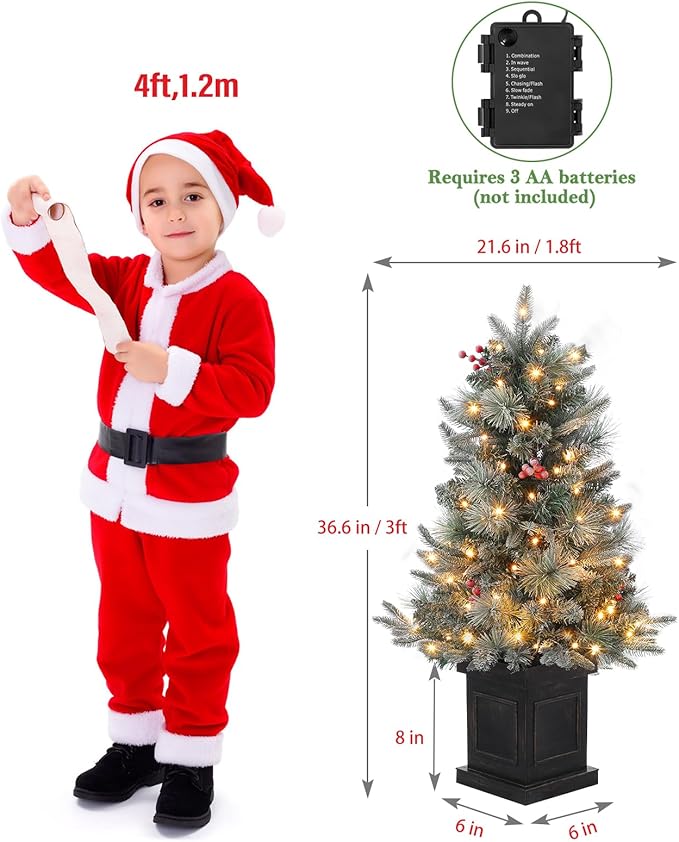 3 ft Prelit Premium Snow Flocked Artificial Christmas Tree with 8 Mode Warm White Led, Mini Prelit Xmas Pine Tree for Christmas Decoration,Yard,Home,Office,Outdoor,Indoor 2PCS