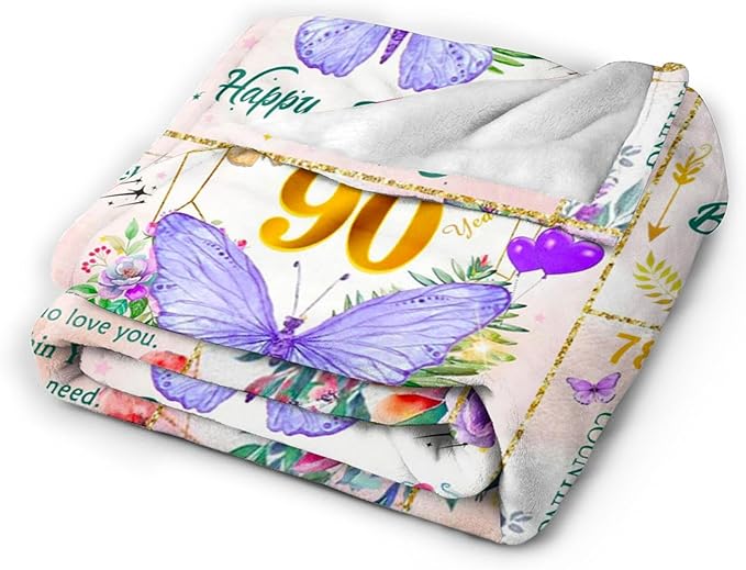 90th Birthday Gifts for Women, Super Soft Unique Fun Purple Butterfly Flower Blanket Gifts for Anniversary Christmas, 90th Birthday Decorations for Women, Cozy Warm Plush Fuzzy Fleece Blanket 80"x60"