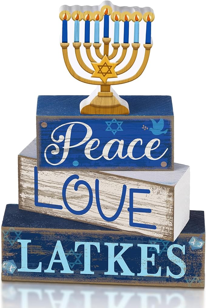 4 Pcs Hanukkah Decorations for Home Chanukah Table Decor Wooden Menorah Decoration Hanukkah Centerpiece Rustic Menorah Block Signs Jewish New Year Decoration for Home Tiered Tray Decor