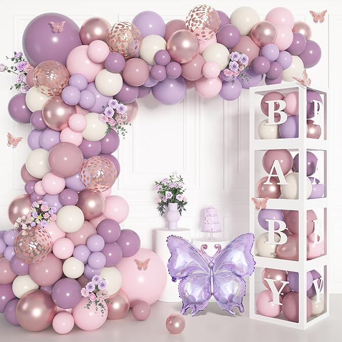 Amandir 153Pcs Purple Baby Shower Decorations for Girl, Double-stuffed Pink Purple Balloon Arch Kit Baby Boxes with Letter Foil Butterfly Balloons Sticker for Birthday Wedding Party Supplies