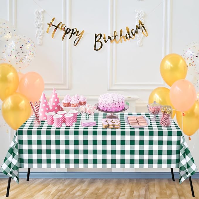 WNINK 3 Pack Green and White Checkered Rectangular Plastic Tablecloths, Green Gingham Waterproof Disposable Table Covers 54" x 108" for Birthday, Wedding, Outdoor Picnic Camping Parties