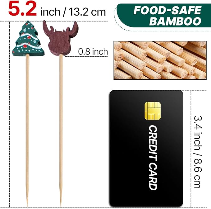 PuTwo Christmas Cocktail Picks 4.7 Inch 100pcs Bamboo Fancy Skewers Toothpicks for Appetizers Food Drink Fruit Sandwich BBQ Christmas Cocktail Party Charcuterie Boards Accessories Party Supplies