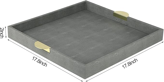 HofferRuffer Faux Leather Decorative Serving Tray, Elegant Coffee Table Ottoman Tray, Breakfast, Drinks, Liquor Serving Platter, Dark Grey Shagreen Finish with Gold Hardware Handle (Square)