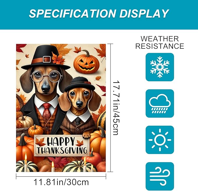 Happy Thanksgiving Dachshund Garden Flag 12x18 Inch Outdoor Flag Double Sided Fall Yard Banner with Dogs Pumpkins and Autumn Leaves for Porch Lawn Patio
