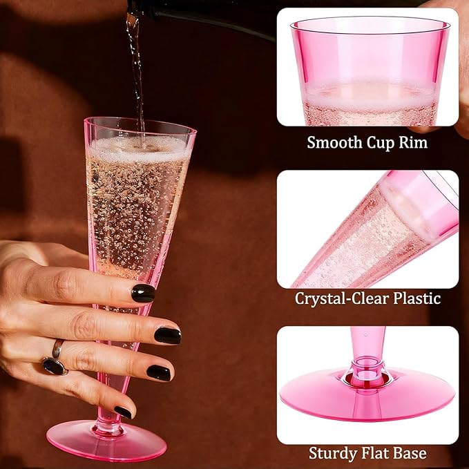 40 Pack Pink Plastic Champagne Flutes Disposable Champagne Glasses, 4.5 Oz Clear Mimosa Glasses Bulk Cocktail Toasting Cups for Party Supplies Wedding Bride Bar, Copas De Plastico Para Brindis