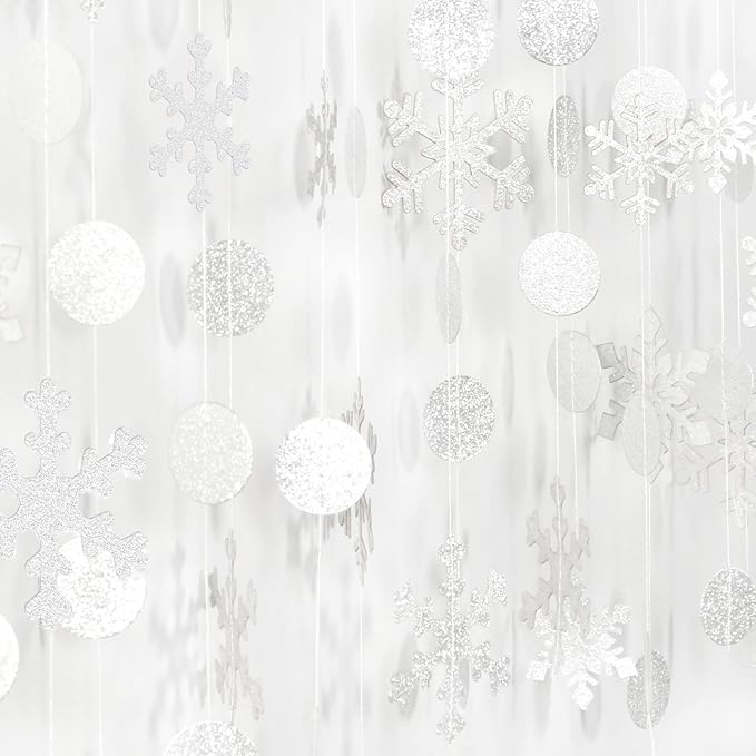 Snowflake-Snow White-Silver Christmas Party-Decoration Garland - 52Ft Winter Wonderland Frozen Hanging Paper Streamers,Birthday New Year Supplies Decor Lasting Surprise