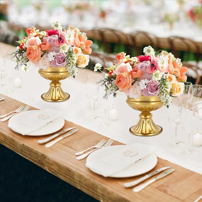 Gold Compote Vases for Centerpieces: Wedding Flower Vase for Tables 6.5 Inch Small Metal Urn Pedestal Bowl for Party Anniversary Event Home Decor Set of 2