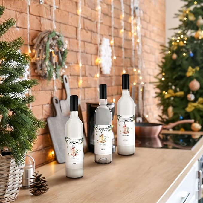 6 Set Christmas Glass Coquito Bottles 25 oz Wine Brewing Bottles for Homemade Coquito with Christmas Stickers Airtight Caps for Home Milk Eggnog