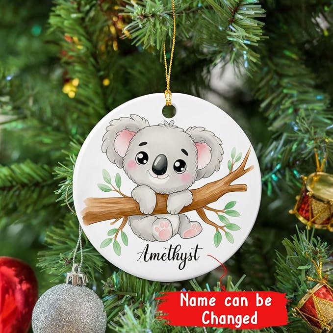 Personalized Name Cartoon Koala Ornament Christmas, Baby Koala Animal Ceramic Ornament, Koalas Xmas Decor Gift for Kids Children Son Daughter, Customized Koalas Keepsake Decoration, Wildlife Gift
