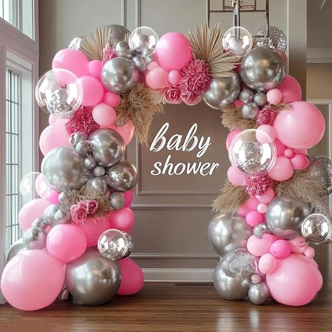 Pink Silver Balloon Garland Double Stuffed Light Pink Balloon Arch Kit with Clear Bobo Balloons for Birthday Baby Shower Wedding Bridal Shower Princess Party Decorations