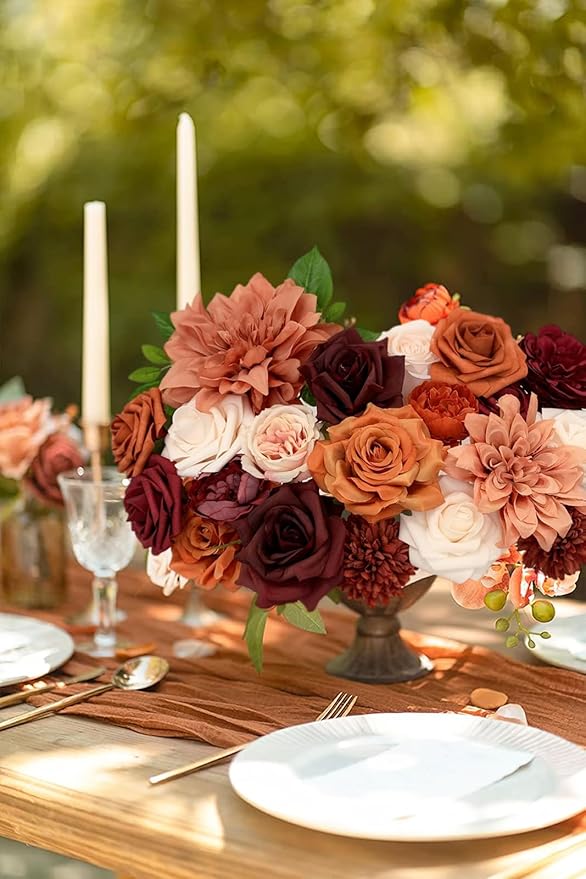 Roses Artificial Flowers Orange Bouquet Box Set Fake Flower with Stems for DIY Bridal Wedding Shower Decorations Party Table Centerpieces Faux Silk Floral Arrangement for Home Decor Indoor