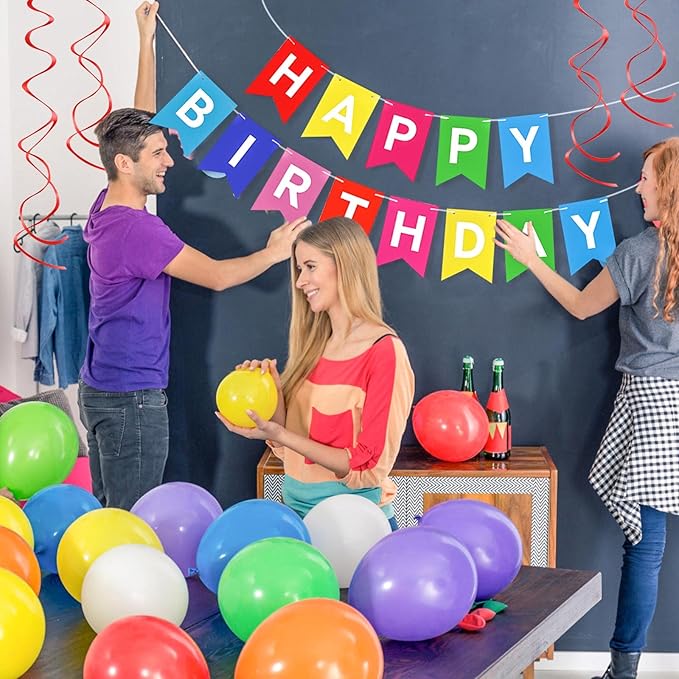 Colorful Party Decorations Kit - Happy Birthday Banner, Spiral Charm, Paper Flower Ball, Latex Balloons and Confetti Balloons for Boys and Girls Party Supplies