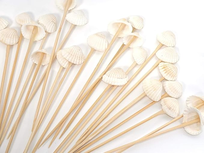 PuTwo 100 pcs Cocktail Picks, 4.7 Inch White Seashell Bamboo Cocktail Picks, Bamboo Toothpicks, Skewers for Appetizers, Mini Food Sticks for Drinks, Sandwiches, Party Supplies