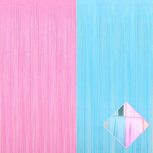4 Pack 3.2Ft x 9.8Ft Macaron Pink Blue Foil Fringe Curtain Backdrop, Metallic Tinsel Foil Fringe Streamers for Photo Booth, Wedding, Gender Reveal Backdrop Boy or Girl Birthday Party Decoration
