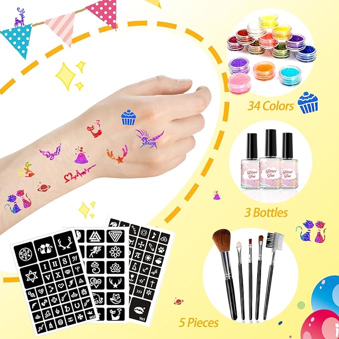 Temporary Glitter Tattoos Kit Kids with 187 glitter Tattoo Templates 34 Colors 3 Glitter Glue and Brushes Suitable for Kids and Girls Glitter Temporary Tattoos Fun Creative Activities