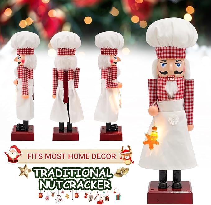 16" Lighted Chef Nutcracker with Music, Festive Christmas Decoration, Nutcracker Collectible Christmas Decor for Tabletop, Shelves, and Fireplace Mantel (Chef)