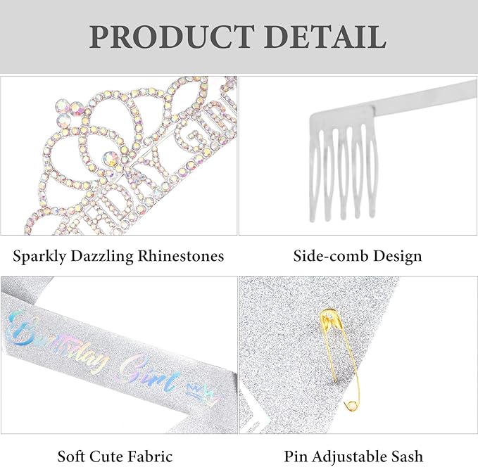 CAVETEE Birthday Headband for Women，Silver Birthday Crowns & Sash - Queen Tiara for Party
