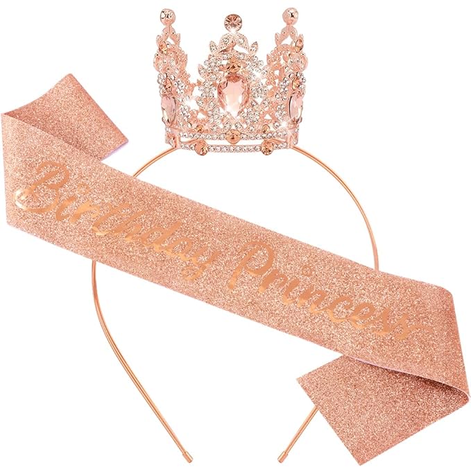 Birthday Princess Sash for Women Tiara & Crowns Headbands for Girls Happy Birthday Party Accessories Favor Supllies Leona Rose Gold Pink, 2 Pack