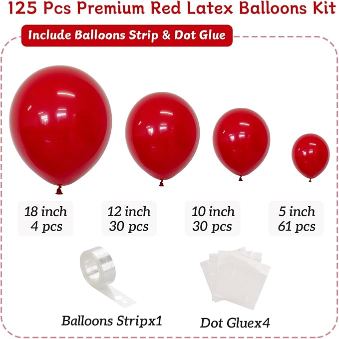 Red Balloon Arch Kit, 125 Pcs Red Balloons Different Sizes 18 Inch 12 Inch 10 Inch 5 Inch Balloons for Balloon Arch Garland Birthday Baby Shower Wedding Graduation Christmas Party Decoration