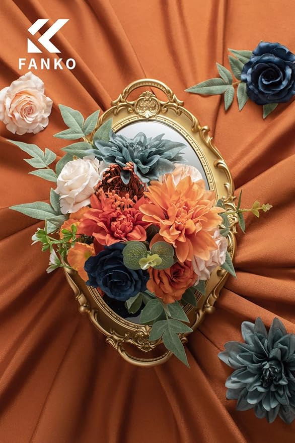 FANKO Rose Artificial Flowers Combo for DIY, Fake Burnt Orange & Navy Blue Rose Silk Flowers Greenery, Faux Flowers for Wedding Bridal Bouquet, Table Centerpieces, Floral Arrangement, Home Decoration