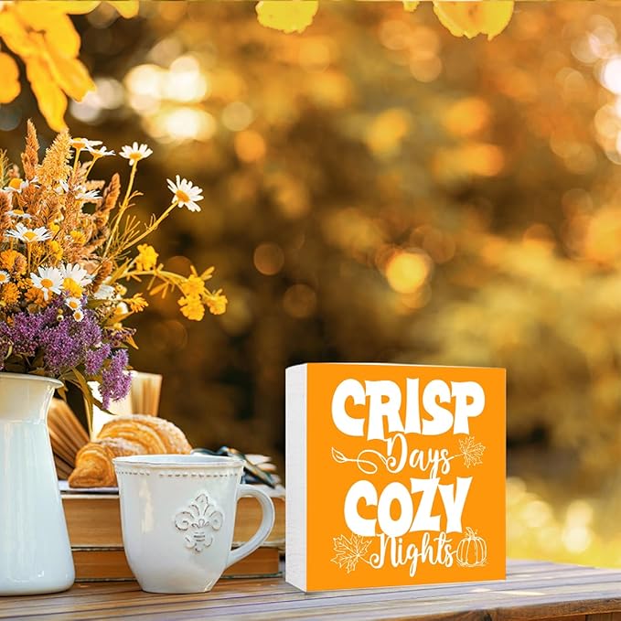Funny Autumn Wood Box Sign Crisp Days Cozy Nights Wooden Block Desk Decor for Home Office Kitchen Cubicle Table Shelf Tabletop,Farmhouse Fall Sign Decor