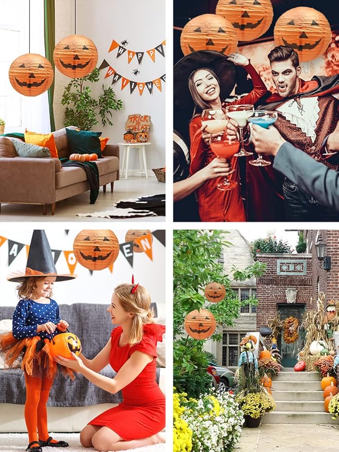 Mudra Crafts Hanging Pumpkin Lanterns Outdoor Indoor Jack-o’-Lantern Halloween Decorations, 12-Inch Orange Spooky Paper Lantern Lamps for Halloween Party Decor, Set of 10