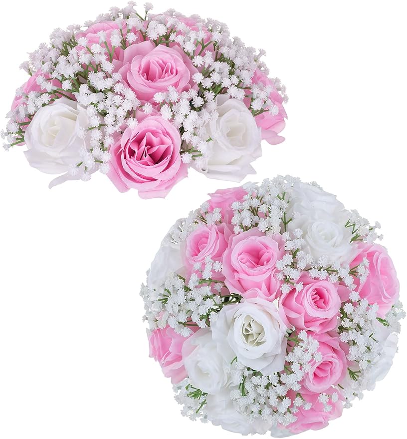 BLOSMON Fake Flowers Ball Centerpieces: 2 Pcs Pink Rose Babys Breath Artificial Flowers Wedding Decoration for Table Silk Kissing Floral Bouquet Arrangements for Home Party DIY Decor