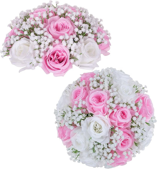 BLOSMON Fake Flowers Ball Centerpieces: 2 Pcs Pink Rose Babys Breath Artificial Flowers Wedding Decoration for Table Silk Kissing Floral Bouquet Arrangements for Home Party DIY Decor