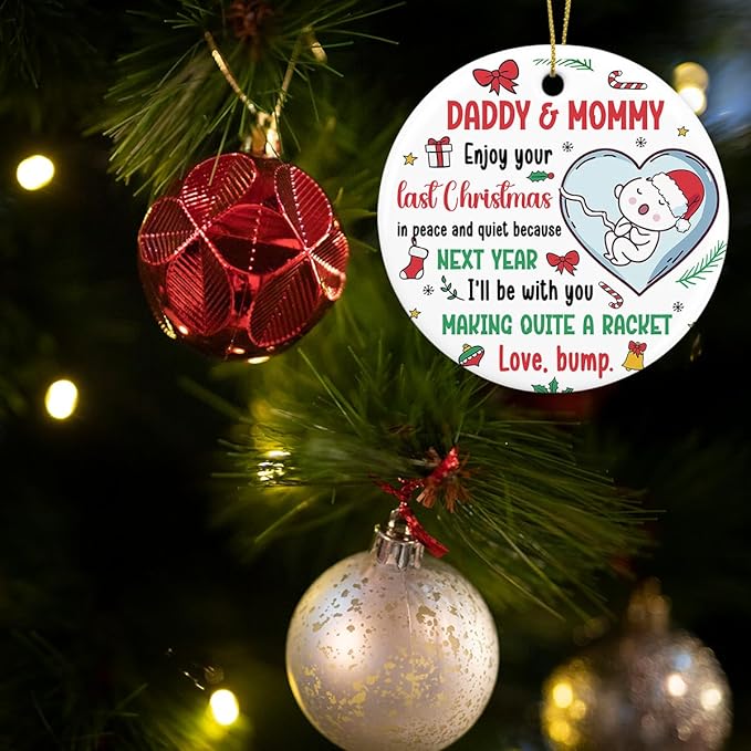 Funny Christmas Baby Pregnancy Announcement Ornament New Parents Gifts for Couple Him Her New Mom Dad to Be Babys First Christmas Heart Ceramic Xmas Tree Ornament Decorations Boy Girl