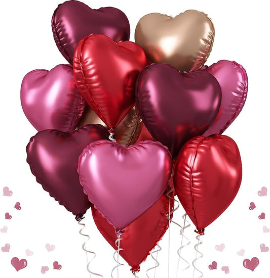 Wine Red Heart Balloons, 18 Inch 12 Pcs Burgundy Red and Pink Foil Heart Balloons Red and Rose Gold Heart Shape Mylar Balloons Party Decoration for Birthday Wedding Valentines Anniversary
