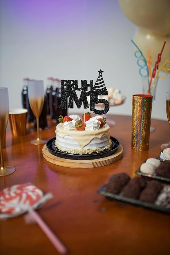 Bruh I’m 15 Cake Topper - Glitter Black 15th Birthday Cake Decorations, 15 Years Old Birthday Cake Smash Decor (15)