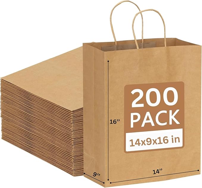 JET PAPER BAGS - 14”x9”x16” Inch [200 Pcs] Large Brown Paper Bags with Handles Prime for Takeout, Grocery, Goody, Retail, Party, Gifts, Weddings