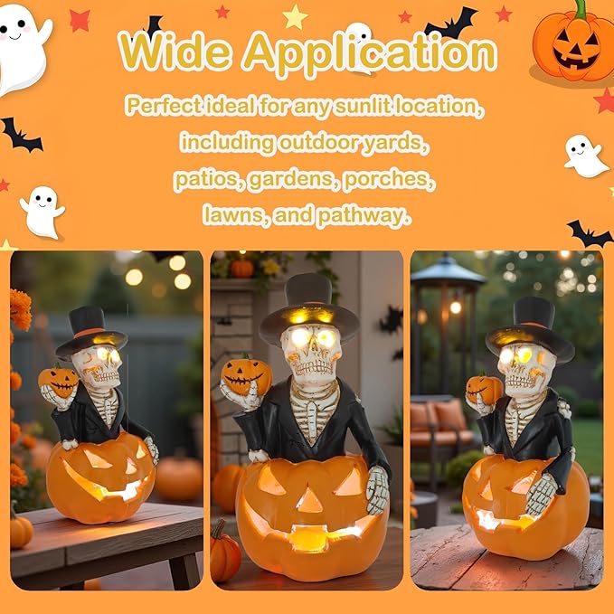Halloween Solar Skeleton Pumpkin Lights Decor, Led Jack-O-Lantern Pumpkin Skulls Statue Figurine Light for Outside Garden Yard Porch Halloween Party & Home Indoor Outdoor Decorations